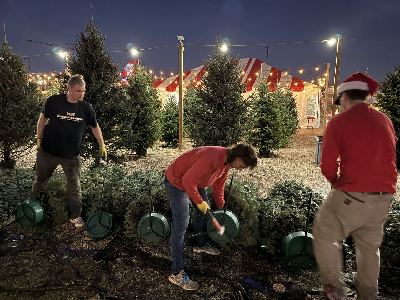 Our crew setting up tree stands on the lot